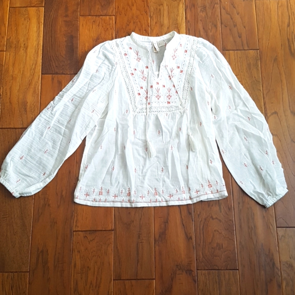H&M Women's Boho 100% Cotton Cream Blouse with Embroidery Size S